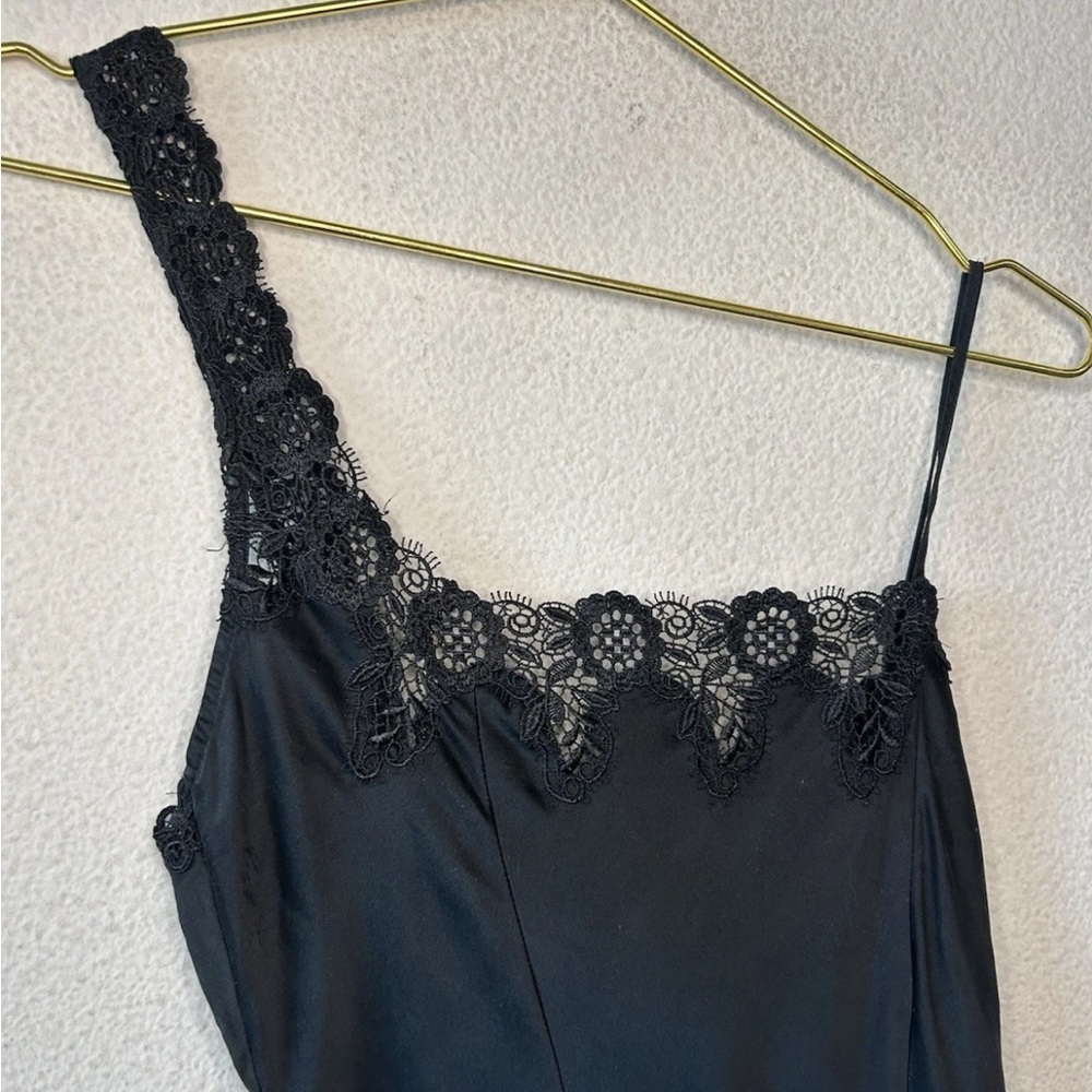 Vintage Y2K Black Silk Slip Dress Lace One Shoulder Maxi Goth S/M - Picture 8 of 13